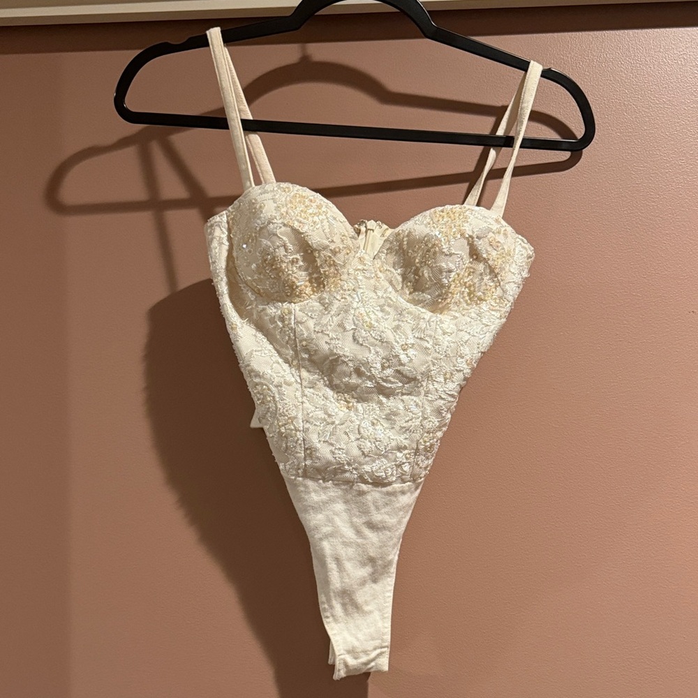 Elegant Cream Beaded Lace Bodysuit